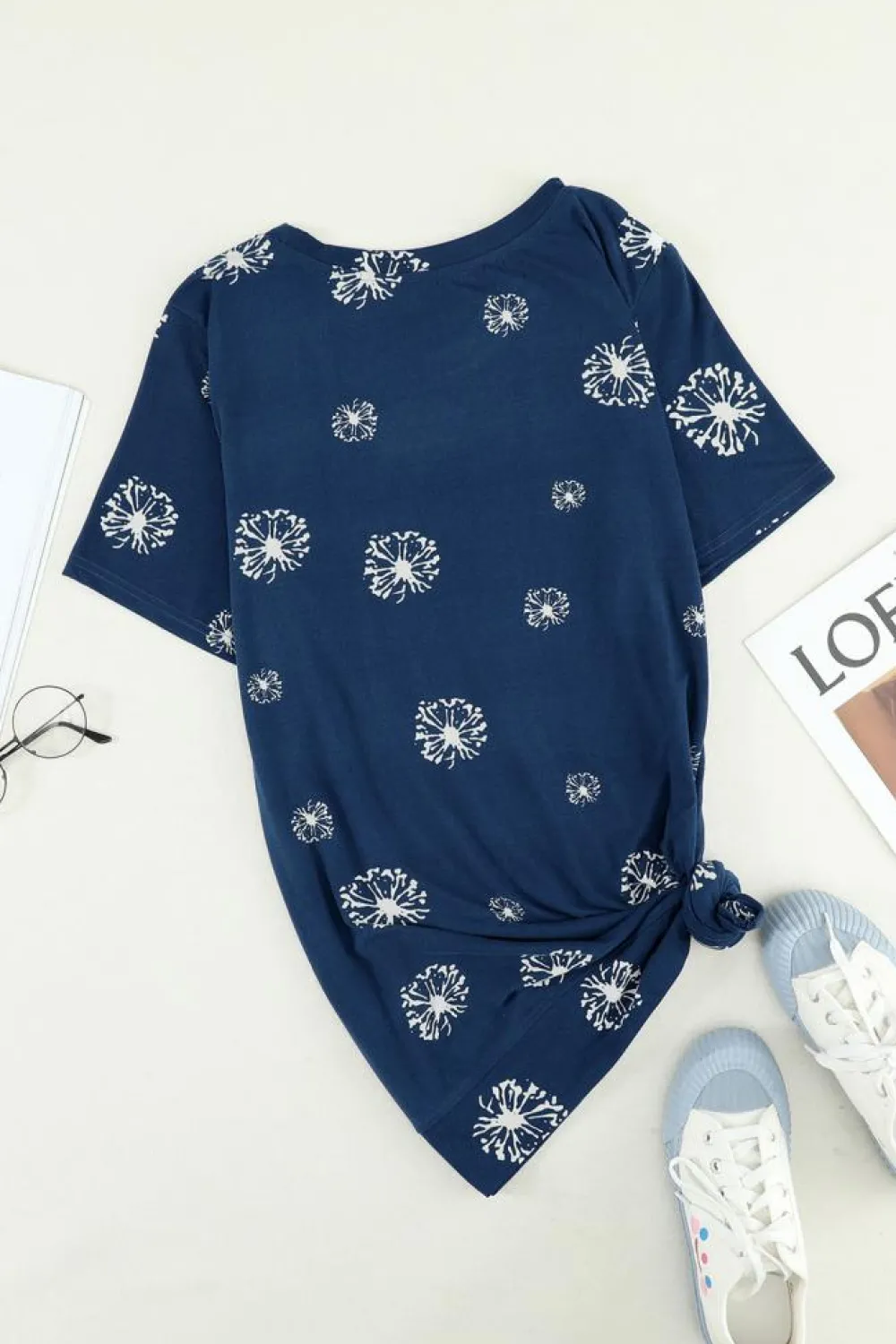 Discount Dear-Lover Dandelion Print Crew Neck T-shirt Blue