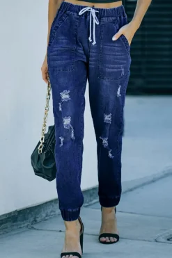 Best Dear-Lover Distress Drawstring Pocketed Joggers Blue