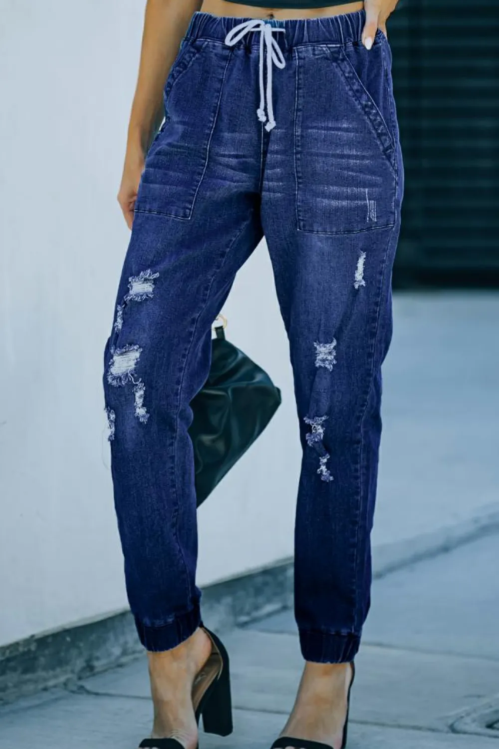 Best Dear-Lover Distress Drawstring Pocketed Joggers Blue