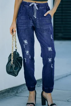 Best Dear-Lover Distress Drawstring Pocketed Joggers Blue