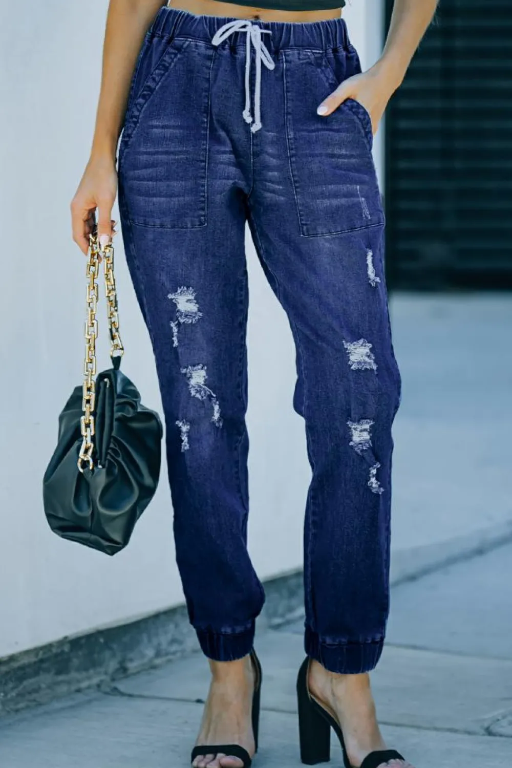 Best Dear-Lover Distress Drawstring Pocketed Joggers Blue