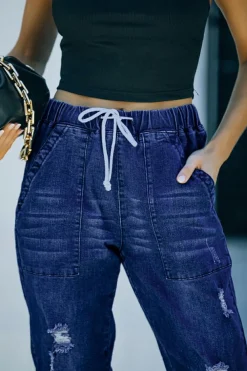 Best Dear-Lover Distress Drawstring Pocketed Joggers Blue