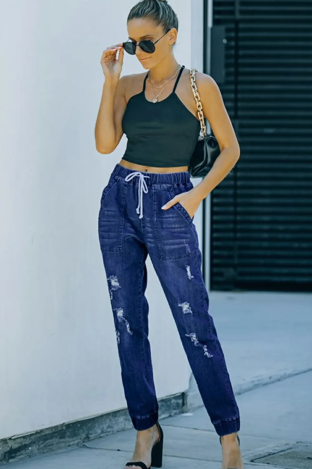 Best Dear-Lover Distress Drawstring Pocketed Joggers Blue