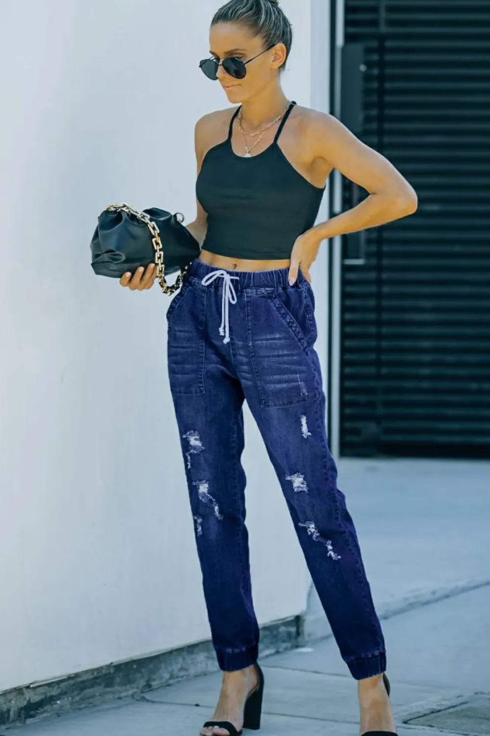 Best Dear-Lover Distress Drawstring Pocketed Joggers Blue