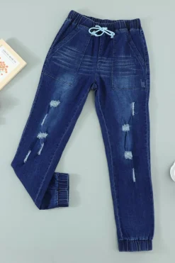 Best Dear-Lover Distress Drawstring Pocketed Joggers Blue