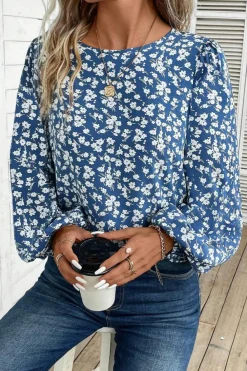 Best Dear-Lover Ditsy Floral Print Lantern Sleeve Blouse Blue