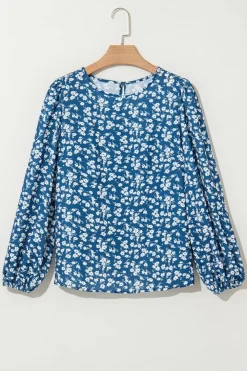 Best Dear-Lover Ditsy Floral Print Lantern Sleeve Blouse Blue