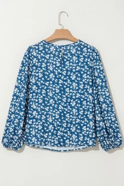 Best Dear-Lover Ditsy Floral Print Lantern Sleeve Blouse Blue
