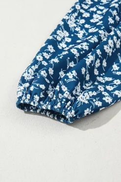 Best Dear-Lover Ditsy Floral Print Lantern Sleeve Blouse Blue
