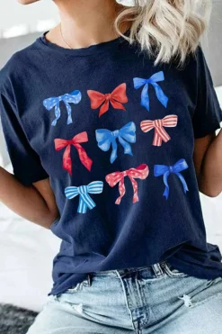 New Dear-Lover Diverse Bowknot Print Independent Day Graphic Tee Blue