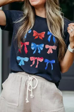 New Dear-Lover Diverse Bowknot Print Independent Day Graphic Tee Blue