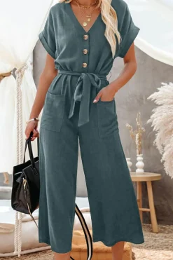 Discount Dear-Lover Dolman Button Belted V Neck Wide Leg Pocketed Jumpsuit Blue