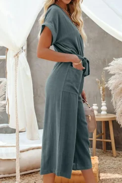 Discount Dear-Lover Dolman Button Belted V Neck Wide Leg Pocketed Jumpsuit Blue
