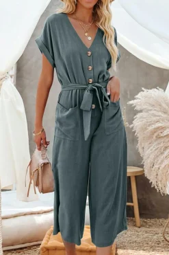 Discount Dear-Lover Dolman Button Belted V Neck Wide Leg Pocketed Jumpsuit Blue