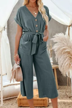 Discount Dear-Lover Dolman Button Belted V Neck Wide Leg Pocketed Jumpsuit Blue