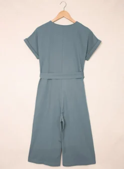 Discount Dear-Lover Dolman Button Belted V Neck Wide Leg Pocketed Jumpsuit Blue