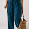 Hot Dear-Lover Drawstring Elastic Waist Casual Wide Leg Pants Blue