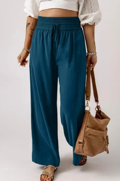 Hot Dear-Lover Drawstring Elastic Waist Casual Wide Leg Pants Blue