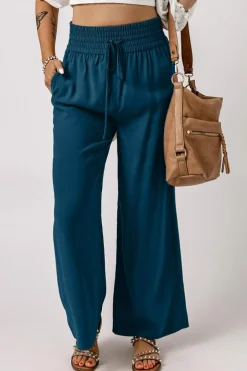 Hot Dear-Lover Drawstring Elastic Waist Casual Wide Leg Pants Blue