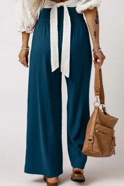 Hot Dear-Lover Drawstring Elastic Waist Casual Wide Leg Pants Blue