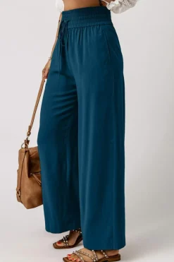 Hot Dear-Lover Drawstring Elastic Waist Casual Wide Leg Pants Blue