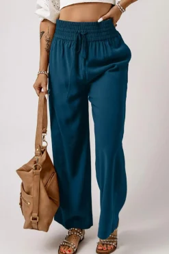 Hot Dear-Lover Drawstring Elastic Waist Casual Wide Leg Pants Blue