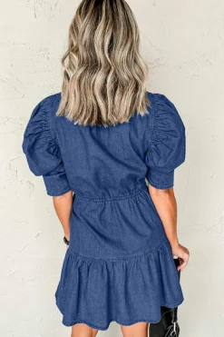 Best Dear-Lover Drawstring High Waist Puff Sleeve Denim Mini Dress Blue