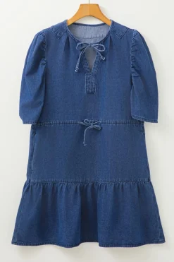 Best Dear-Lover Drawstring High Waist Puff Sleeve Denim Mini Dress Blue