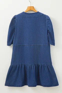 Best Dear-Lover Drawstring High Waist Puff Sleeve Denim Mini Dress Blue
