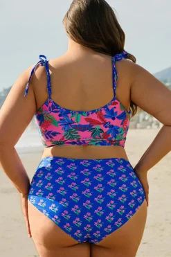 Clearance Dear-Lover Fashion Print Tied Straps Crop Vest and High Waist Plus Size Bikini Blue