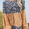 Clearance Dear-Lover Floral Color Block Patchwork Ruffled Hem Round Neck Blouse Blue