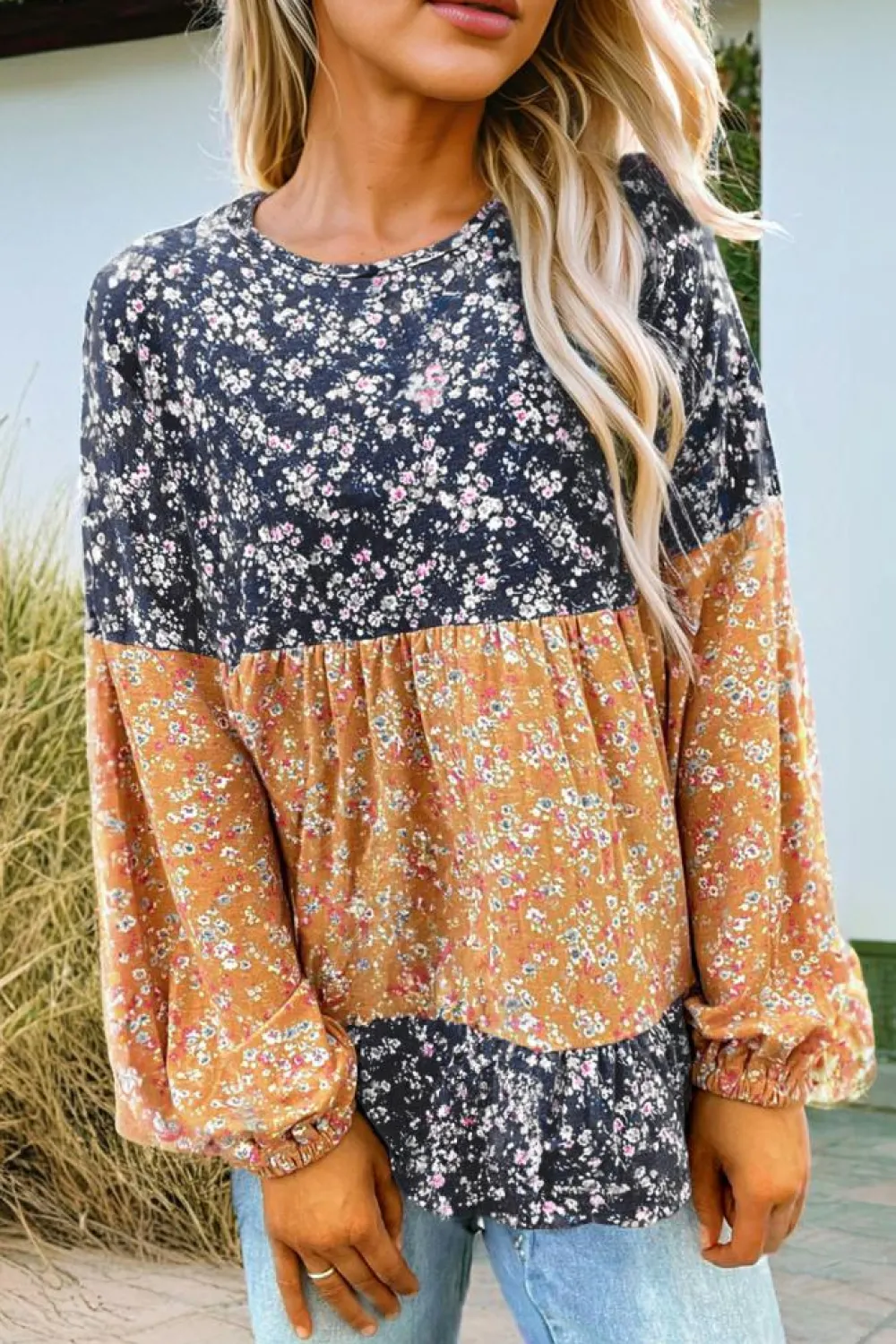 Clearance Dear-Lover Floral Color Block Patchwork Ruffled Hem Round Neck Blouse Blue