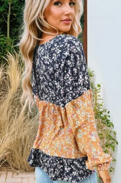 Clearance Dear-Lover Floral Color Block Patchwork Ruffled Hem Round Neck Blouse Blue