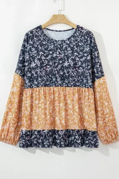 Clearance Dear-Lover Floral Color Block Patchwork Ruffled Hem Round Neck Blouse Blue