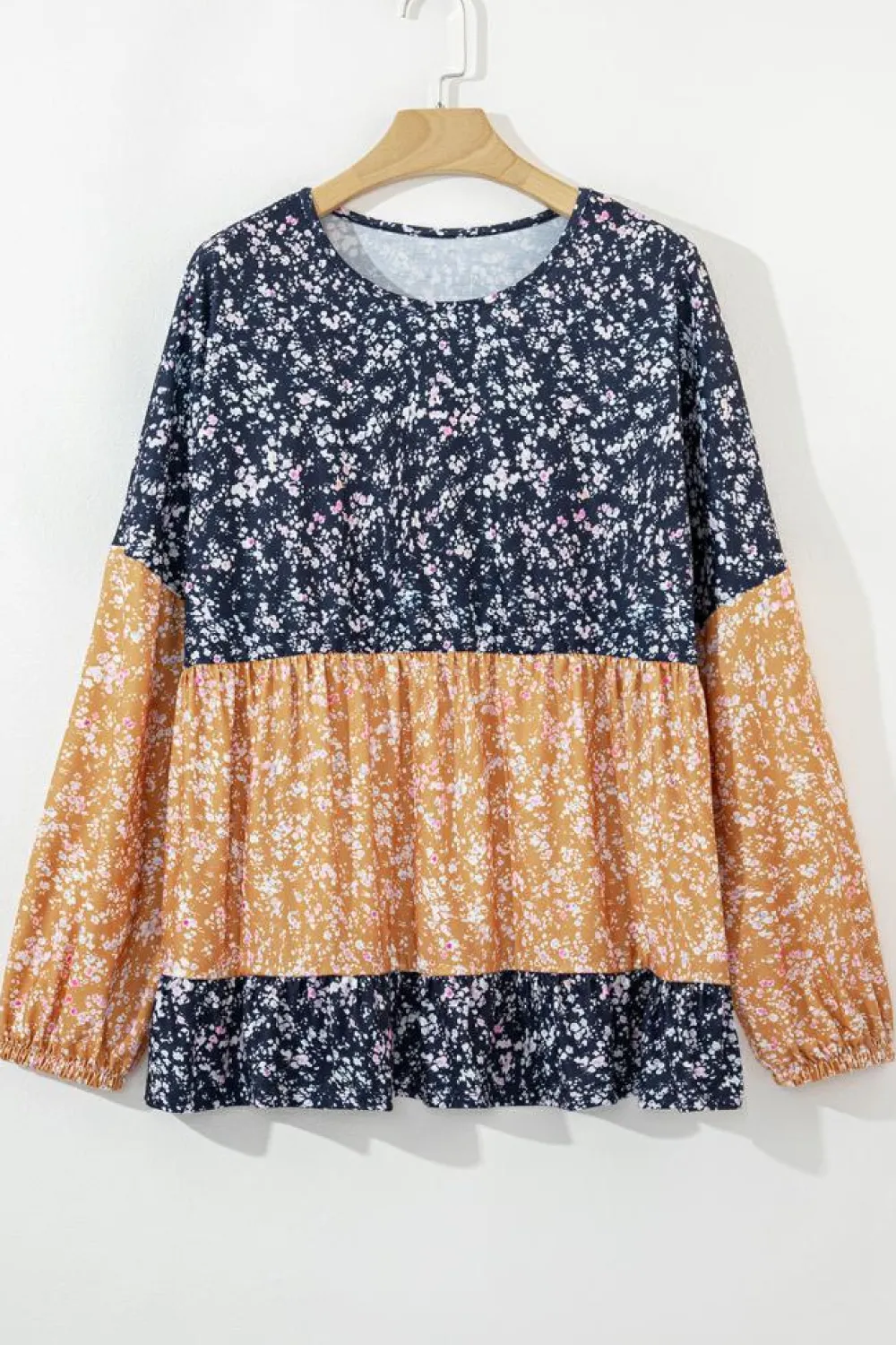 Clearance Dear-Lover Floral Color Block Patchwork Ruffled Hem Round Neck Blouse Blue