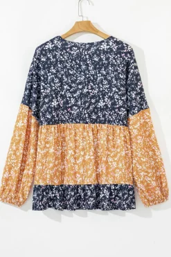 Clearance Dear-Lover Floral Color Block Patchwork Ruffled Hem Round Neck Blouse Blue