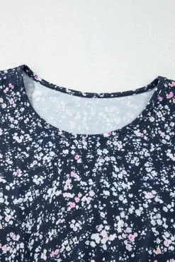 Clearance Dear-Lover Floral Color Block Patchwork Ruffled Hem Round Neck Blouse Blue