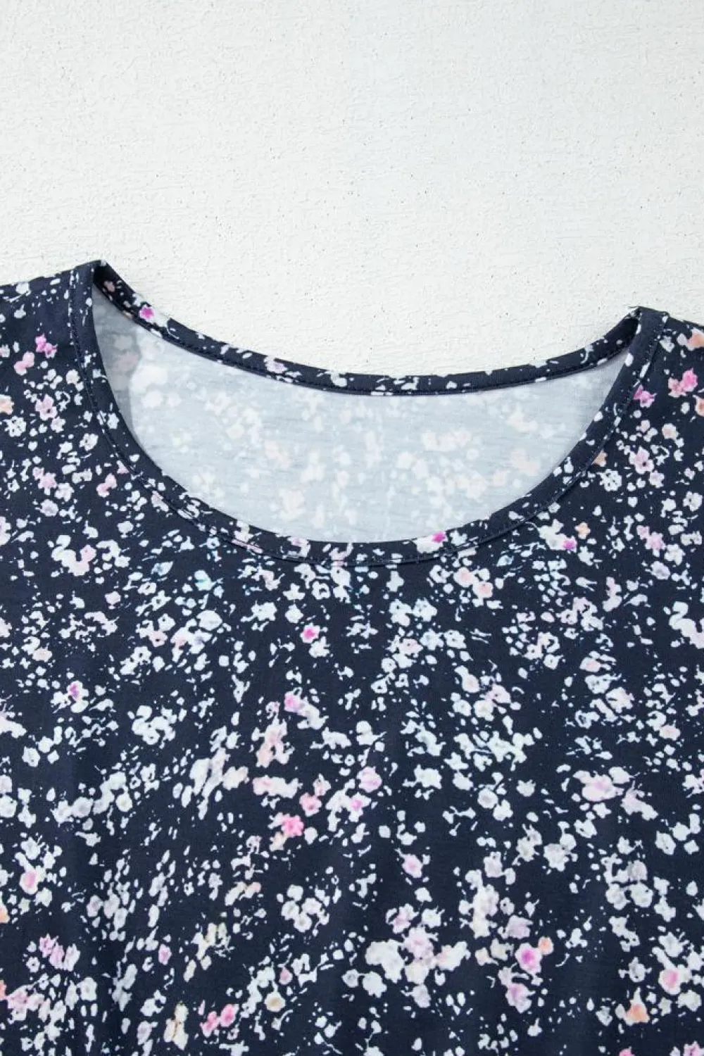 Clearance Dear-Lover Floral Color Block Patchwork Ruffled Hem Round Neck Blouse Blue