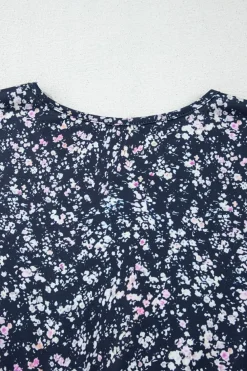 Clearance Dear-Lover Floral Color Block Patchwork Ruffled Hem Round Neck Blouse Blue