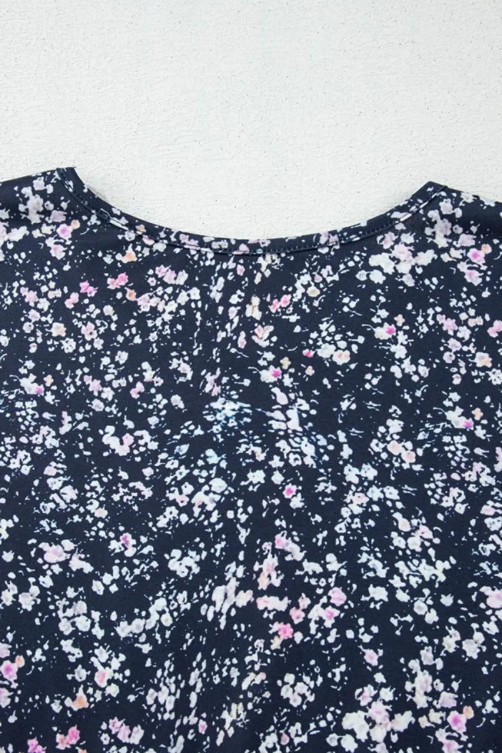 Clearance Dear-Lover Floral Color Block Patchwork Ruffled Hem Round Neck Blouse Blue
