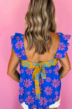 Sale Dear-Lover Floral Colorblock Flutter Straps Flowy Tank Top Blue