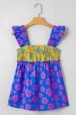 Sale Dear-Lover Floral Colorblock Flutter Straps Flowy Tank Top Blue