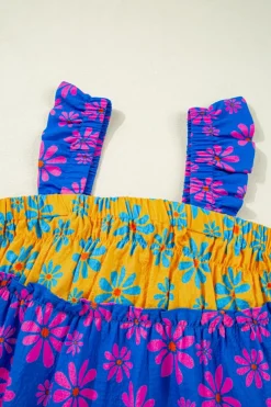 Sale Dear-Lover Floral Colorblock Flutter Straps Flowy Tank Top Blue