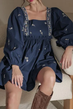 Online Dear-Lover Floral Embroidered Square Neck Puff Sleeve Ruffled Mini Dress Blue
