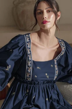 Online Dear-Lover Floral Embroidered Square Neck Puff Sleeve Ruffled Mini Dress Blue