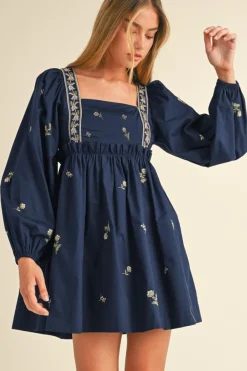 Online Dear-Lover Floral Embroidered Square Neck Puff Sleeve Ruffled Mini Dress Blue