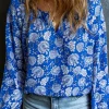 Sale Dear-Lover Floral Notched V-Neck Long Sleeve Blouse Blue