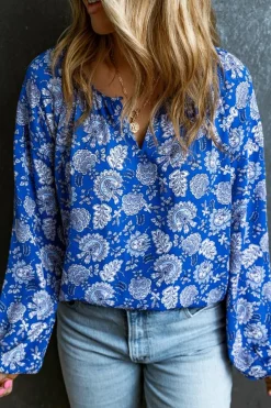 Sale Dear-Lover Floral Notched V-Neck Long Sleeve Blouse Blue