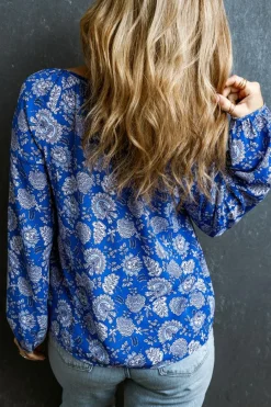 Sale Dear-Lover Floral Notched V-Neck Long Sleeve Blouse Blue