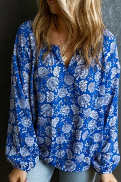 Sale Dear-Lover Floral Notched V-Neck Long Sleeve Blouse Blue